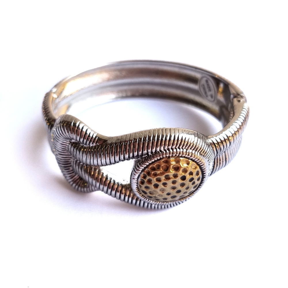 Silvertone Goldtone Square Knot Design Hinge Bracelet 8"